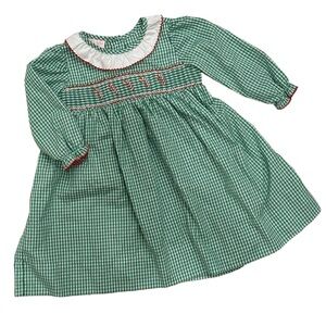 Petit Bebe Smocked Candy Cane Christmas Green Gingham Dress
